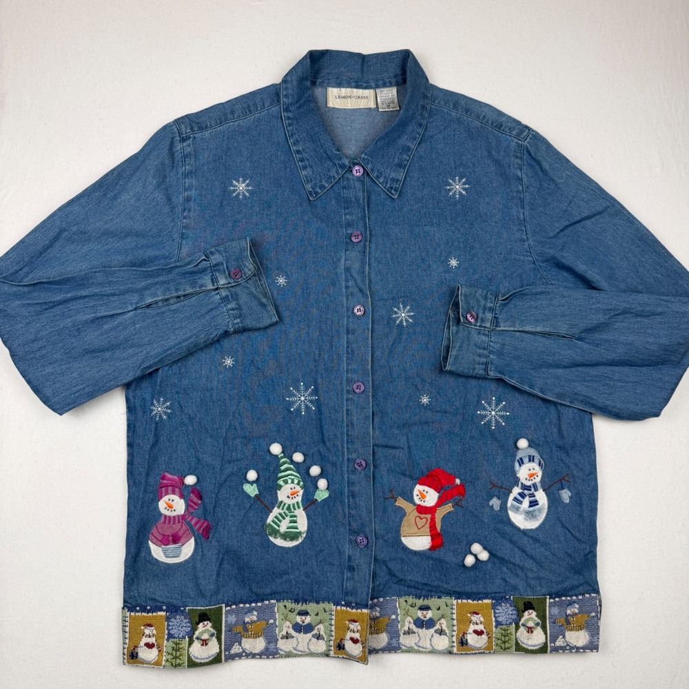 Lemon Grass Womens Medium Denim Snowman Embroidered Button Down Shirt Winter
